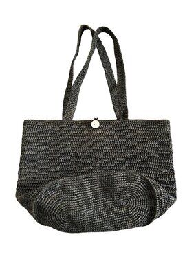 Annabel Ingall Black Woven Straw Tote Bag With Button Closure Handmade